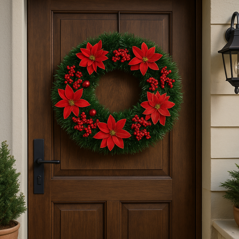 Guirlanda Natalina 38 cm – Flores Vermelhas & Douradas